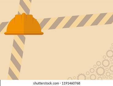 Illustration vector of safety helmet, exclamation mark, gears icon with copy space for text. Construction concept symbol design, work engineer, industrial equipment. Safety First text.
