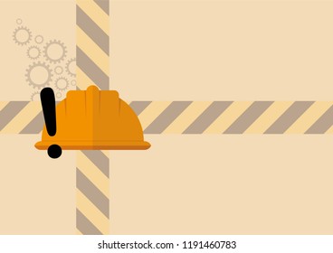 Illustration vector of safety helmet, exclamation mark, gears icon with copy space for text. Construction concept symbol design, work engineer, industrial equipment. Safety First text.