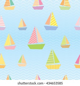 Illustration vector sail boat and wave of sea for seamless pattern with summer background.Pastel and colorful.
