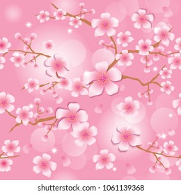 Illustration vector of Sakura flowers design for seamless pattern on bokeh pink background.