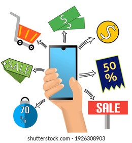 illustration Vector sale 50%, dollars and other forms of shopping tools are simple