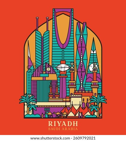 Illustration Vector of Saudi Arabia Landmark Buildings, Riyadh Tower Cityscape.