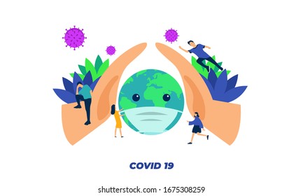 Illustration Vector to Save world from covid 19. Flat design.  Perfect for web design, banner, Presentation design  