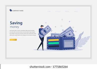 Illustration vector of saving money concept with People standing in the wallet. Business and finance, saving money theme. Career, salary, earnings profit. Good for landing page, flyer, poster, banner.
