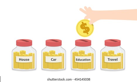 Illustration vector saving money with jar to spend for something like home repairs, car payment, education, expenses for travel, and so on. Finance Concept.