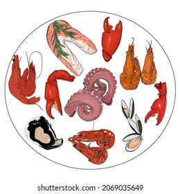 Illustration vector seafood dish  Oysters  fish  shrimp  mussels  crab mites for printing  blank for designers  menu  grill food