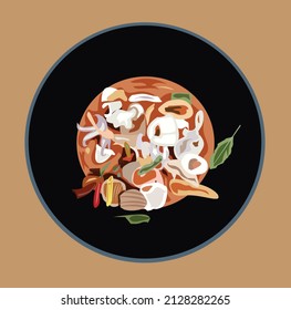 illustration vector seafood tom yam placed in a bowl brown background.