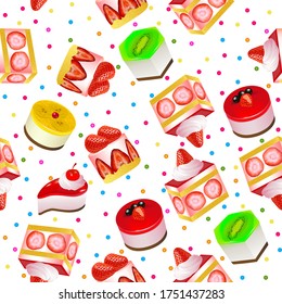 Illustration vector seamless background with fruit cakes and sweets.