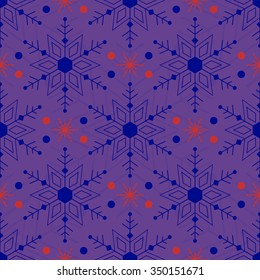 Illustration vector seamless colored snowflakes and circles on a purple background.