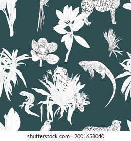 Illustration vector seamless jungle tropical, lizards, exotic flowers, birds, jaguar, orchids. Tropical pattern for printing on paper, clothing, designer, wallpaper.