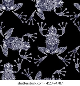 Illustration vector seamless pattern. Decorative frog on a black background.
