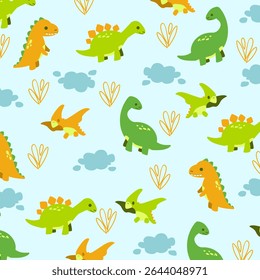 ilustração vetor projeto padrão sem emenda de dinossauro bonito para roupas de crianças. 
Este design é adequado para a indústria têxtil de vestuário infantil
