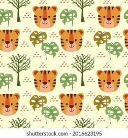 Illustration vector seamless pattern with funny animal jungle tiger face for fabric pattern, backdrop, wallpaper, wrapping paper.