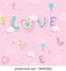 Illustration vector seamless pattern of love alphabet and heart soar on pink sky background design for Valentine's day.