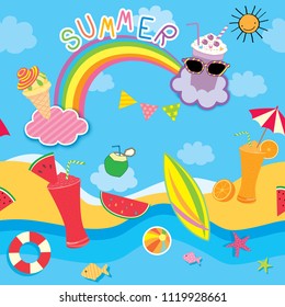 Illustration vector seamless pattern of summer background design with colorful refreshment on the beach 