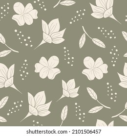 Illustration vector seamless repeat pattern of silhouette flowers and leaves on polka dot green background. Great for fall themed vintage fabric, wallpaper, scrapbooking projects. Surface pattern.