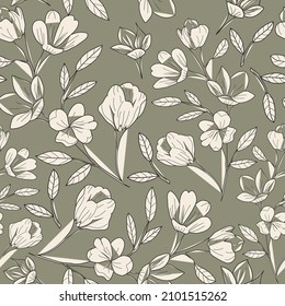 Illustration vector seamless repeat pattern of silhouette flowers garden on green background. Great for fall themed vintage fabric, wallpaper, scrapbooking projects. Surface pattern design.