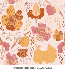 Illustration vector seamless repeat pattern of beautiful rafflesia flowers garden. Great for retro and vintage fabric, wallpaper, scrapbooking projects. Surface pattern design.