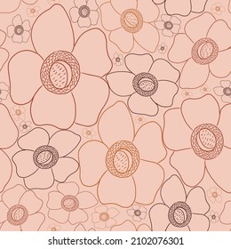 Illustration vector seamless repeat pattern of line art of rafflesia flowers plant forming a floral texture. Great for retro and vintage fabric, wallpaper, scrapbooking projects. Surface pattern.
