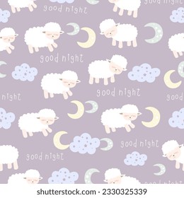 illustration, vector, seamless repeat pattern good night text sleeping sheep with stars and clouds on lilac background 