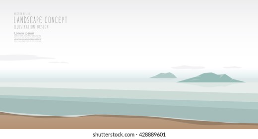Illustration vector the seascape is calm, relaxed and beautiful atmosphere, Landscape Concept.