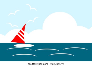 Illustration vector of seascape and sail . Sea and summer concept. Picture with copy space.   