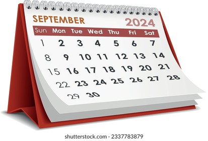 Illustration vector of  September 2024 Calendar isolated in white background, made in Adobe illustrator