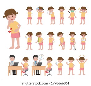 Conjunto de vectores de ilustración de 18 enfermedades infantiles, resfriados y lesiones