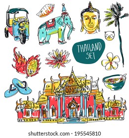 Illustration of vector set of Bangkok, elephant and lotus isolated on white background