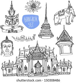 Illustration of vector set of Bangkok (Thailand) with temple, buddha, elephant and lotus isolated on white background