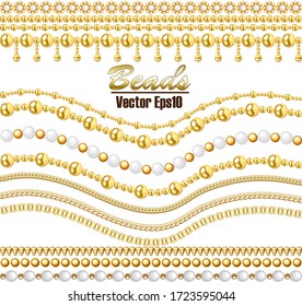 Illustration vector set of beautiful chains of gold and white beads realistic