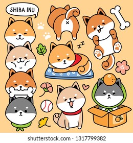 illustration vector set cartoon cute dog japan shiba inu 