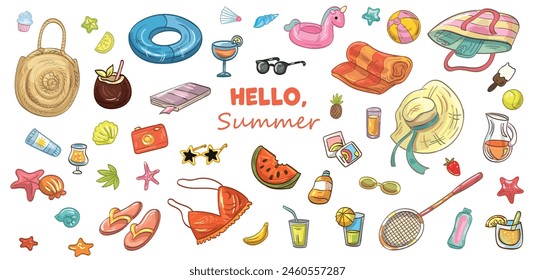 Conjunto de Vector de ilustración de dibujos animados de verano y objetos de relax en la playa