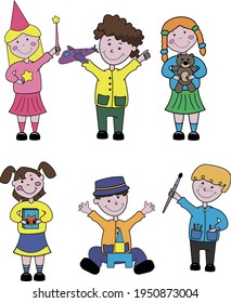 illustration in vector set of children in kindergarten