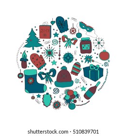 Illustration, vector set, Christmas symbols, the individual elements for holiday cards, posters, invitations. red blue and gray, cold colors.