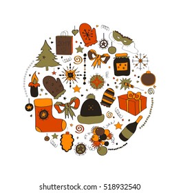 Illustration, vector set, Christmas symbols, the individual elements for holiday cards, posters, invitations. orange, gray and brown, warm colors