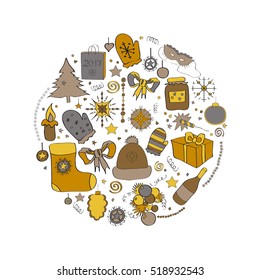Illustration, vector set, Christmas symbols, the individual elements for holiday cards, posters, invitations. yellow, gray and brown, warm colors