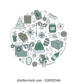 Illustration, vector set, Christmas symbols, the individual elements for holiday cards, posters, invitations. blue and gray, cold colors