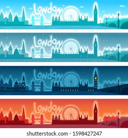 Illustration vector set of city panorama, sights of London. Different time of day, weather. Rain, fog, sunset, clear day, night and lights. Silhouette monochrome backgrounds for design.