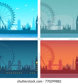 Illustration vector set of city, sights of London. Different time of day, weather. Rain, fog, sunset, clear day, night and lights. Silhouette monochrome backgrounds for design.