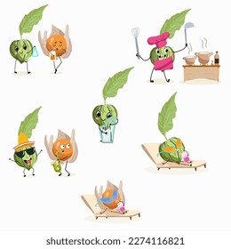Illustration vector set, collection with funny  tomatillo, tomato, physalis, physalis, uvilla, phisalis,
uchuva, phisalys, ground cherry 
characters doing sports, playing musical instruments.