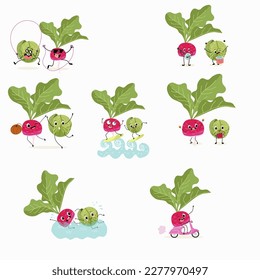 Illustration vector set, collection with funny  cabbage, brussels, sprouts, radish characters doing sports, playing musical instruments. Vector cartoon, agriculture, raw.