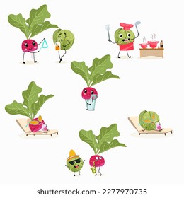 Illustration vector set, collection with funny  cabbage, brussels, sprouts, radish characters doing sports, playing musical instruments. Vector cartoon, agriculture, raw.