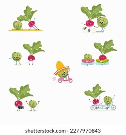 Illustration vector set, collection with funny  cabbage, brussels, sprouts, radish characters doing sports, playing musical instruments. Vector cartoon, agriculture, raw.