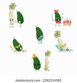 Illustration vector set, collection with funny characters zucchini, squash, courgette, legs, joy, marrow, daikon. Funny and healthy food. Vitamins, cute face food, ingredients, vegetarian, vector.