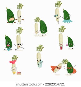 Illustration vector set, collection with funny characters zucchini, squash, courgette, legs, joy, marrow, daikon. Funny and healthy food. Vitamins, cute face food, ingredients, vegetarian, vector.