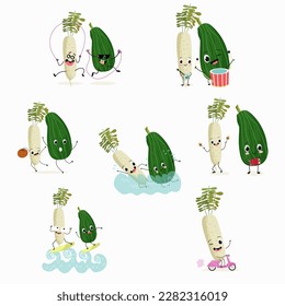 Illustration vector set, collection with funny characters zucchini, squash, courgette, legs, joy, marrow, daikon. Funny and healthy food. Vitamins, cute face food, ingredients, vegetarian, vector.