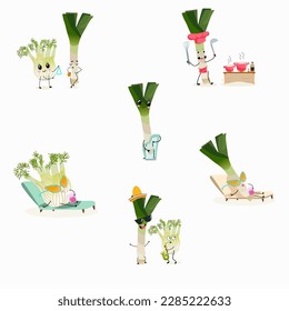 Illustration vector set, collection with funny characters fennel, leek, onion.  Funny and healthy food. Vitamins, cute face food, ingredients, vegetarian, vector cartoon, agriculture, raw.

