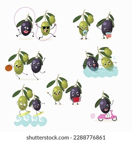 Illustration vector set, collection with funny characters olives.  Funny and healthy food. Vitamins, cute face food, ingredients, vegetarian, vector cartoon, agriculture, raw.
