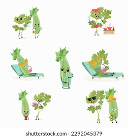 Illustration vector set, collection with funny characters celery, parsley.  Funny and healthy food. Vitamins, cute face food, ingredients, vegetarian, vector cartoon,Seasoning, salad ingredients.